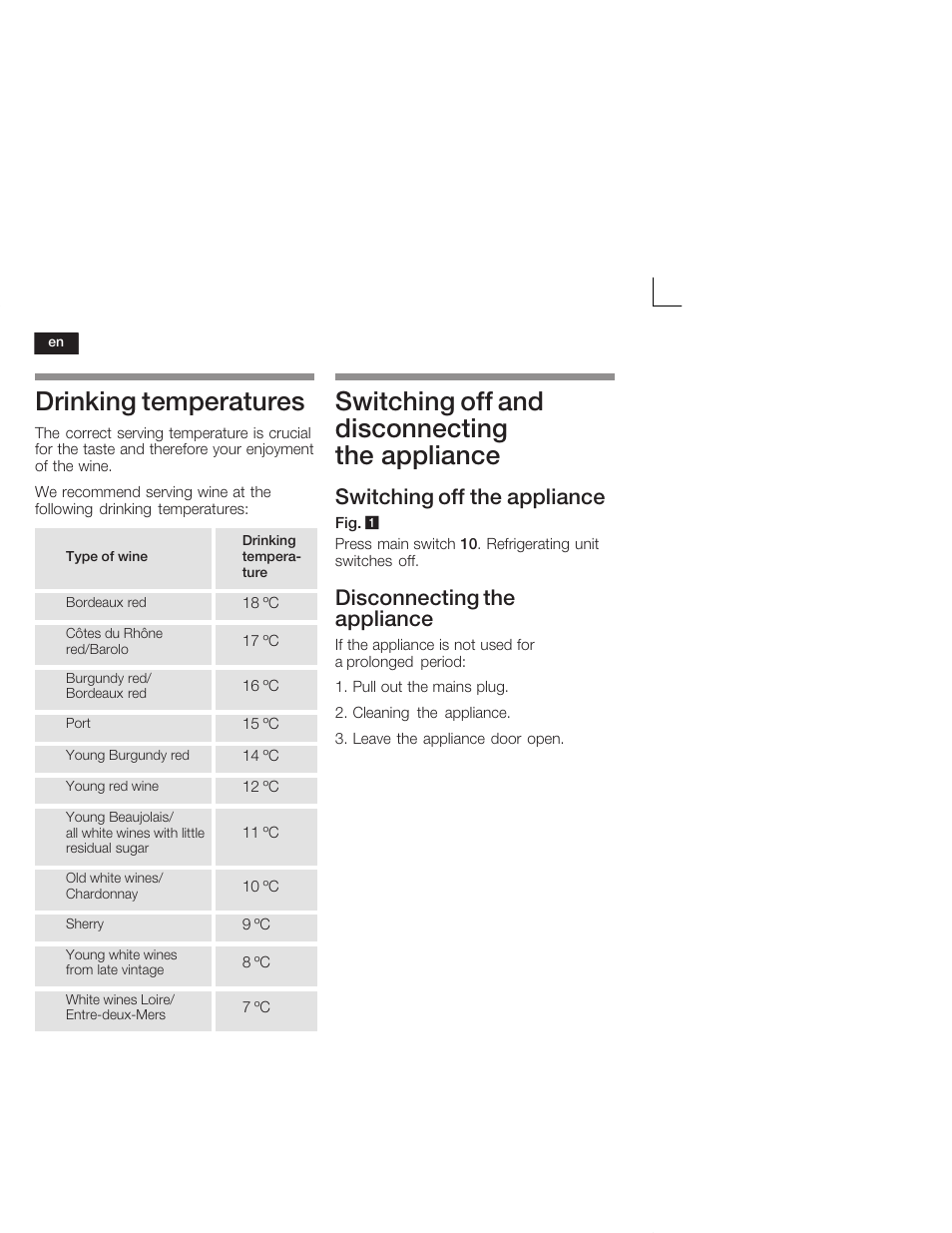 Drinking temperatures, Switching off and disconnecting the appliance, Switching off the appliance | Disconnecting the appliance | Bosch KSW38940 Cave à vin de vieillissement Premium Luxe User Manual | Page 22 / 64