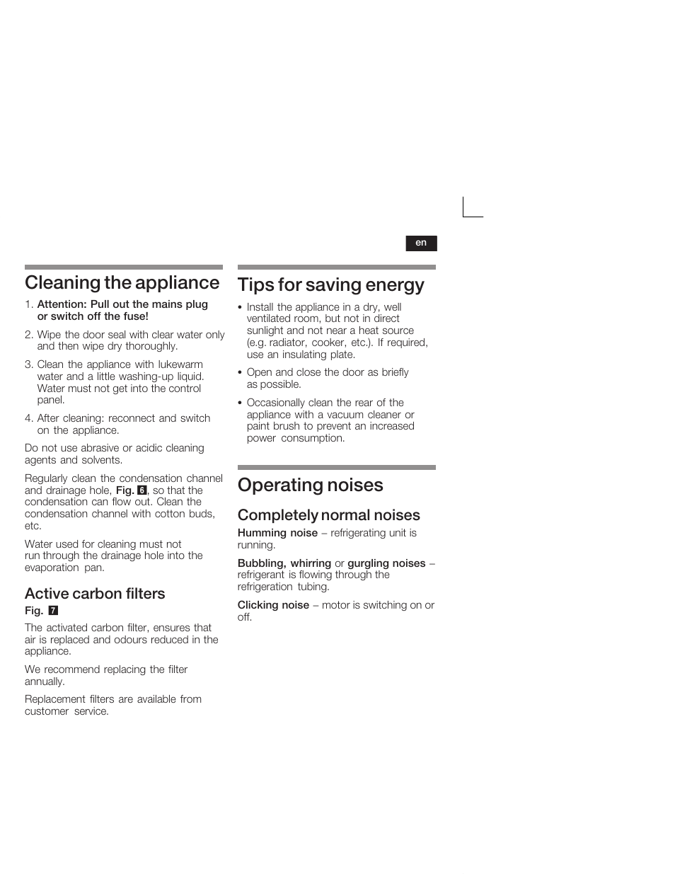 Cleaning the appliance, Tips for saving energy, Operating noises | Active carbon filters, Completely normal noises | Bosch KSW38940 Cave à vin de vieillissement Premium Luxe User Manual | Page 23 / 64