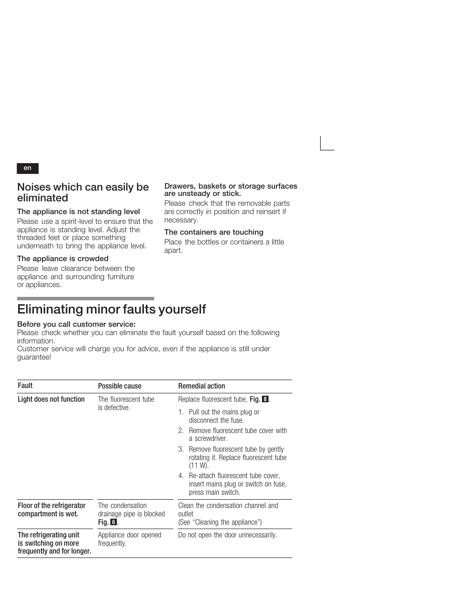 Eliminating minor faults yourself, Noises which can easily be eliminated | Bosch KSW38940 Cave à vin de vieillissement Premium Luxe User Manual | Page 24 / 64