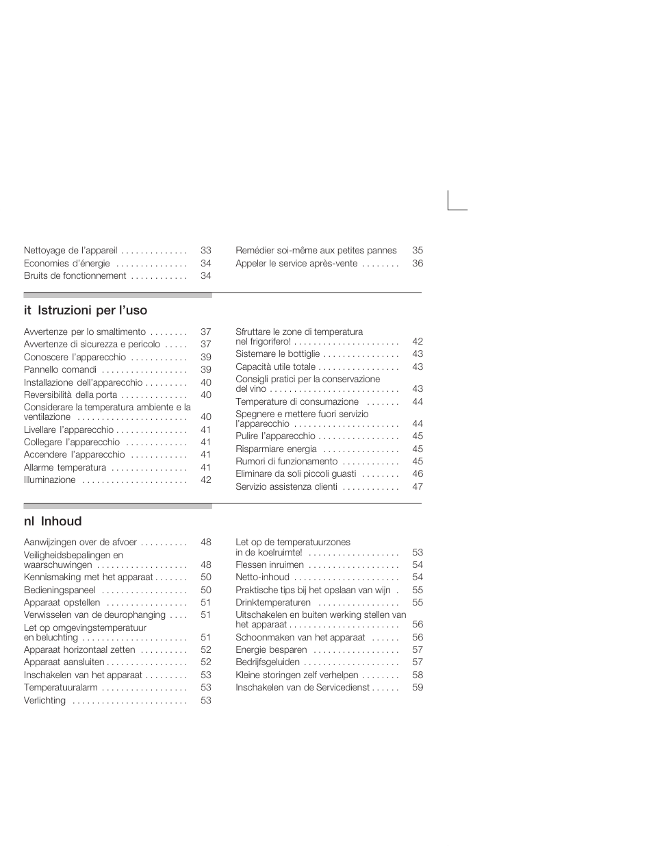 Itąistruzioni per l'uso, Nląinhoud | Bosch KSW38940 Cave à vin de vieillissement Premium Luxe User Manual | Page 3 / 64