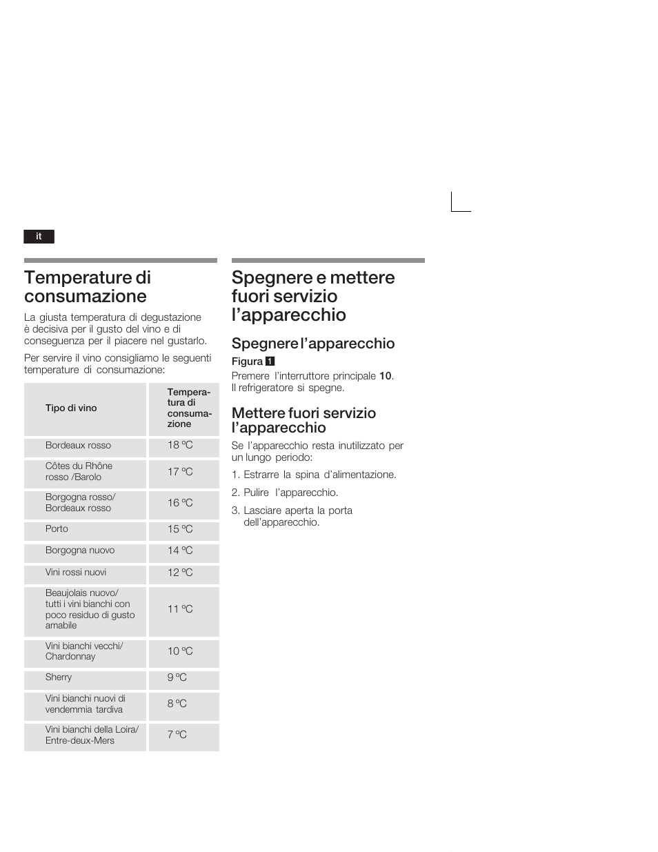 Temperature di consumazione, Spegnere e mettere fuori servizio l'apparecchio, Spegnere l'apparecchio | Mettere fuori servizio l'apparecchio | Bosch KSW38940 Cave à vin de vieillissement Premium Luxe User Manual | Page 44 / 64