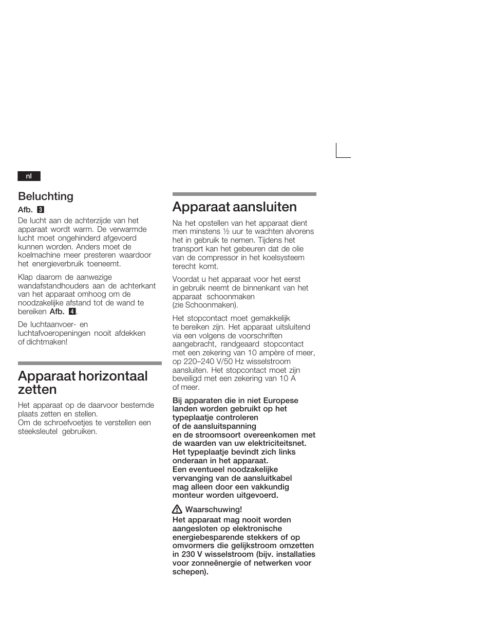 Apparaat horizontaal zetten, Apparaat aansluiten, Beluchting | Bosch KSW38940 Cave à vin de vieillissement Premium Luxe User Manual | Page 52 / 64