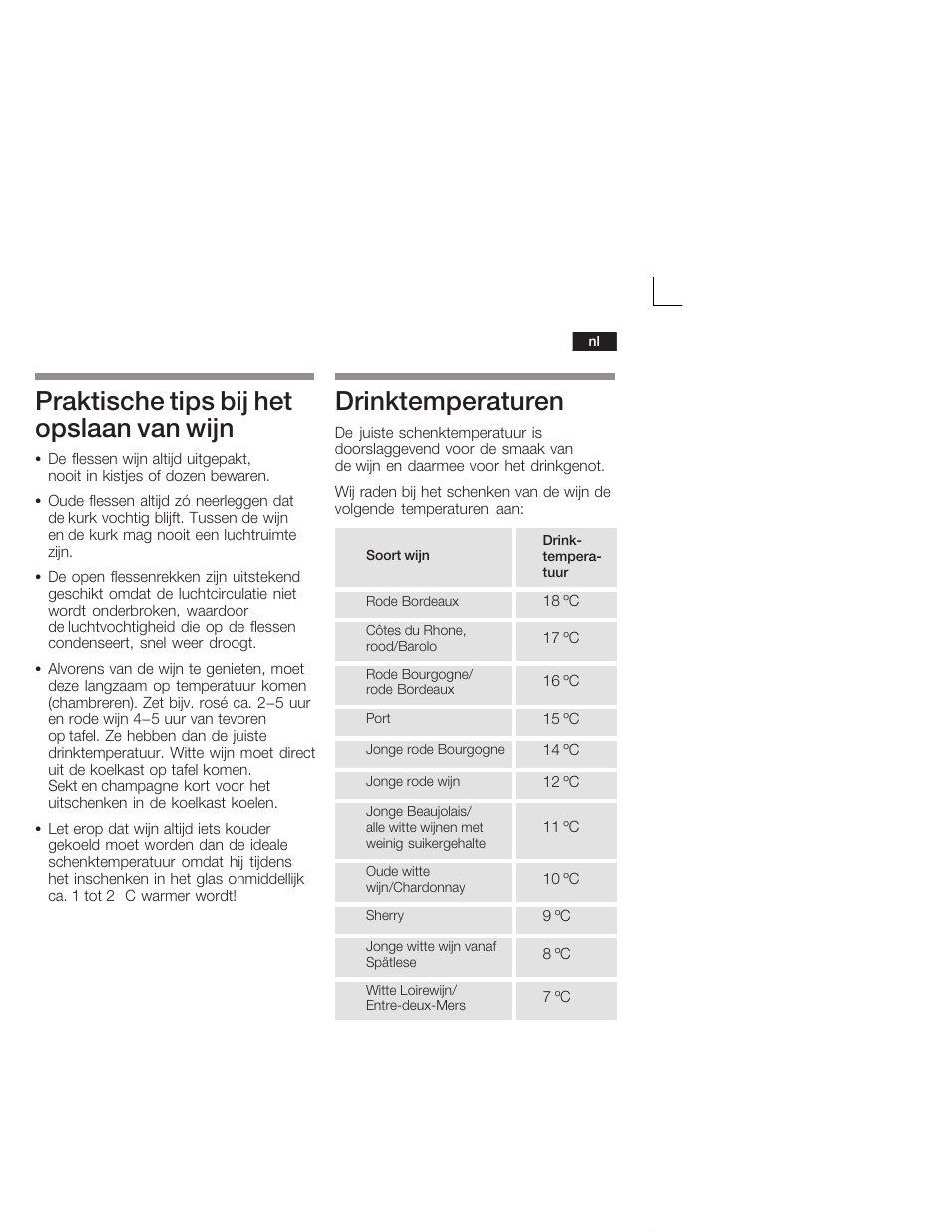 Praktische tips bij het opslaan van wijn, Drinktemperaturen | Bosch KSW38940 Cave à vin de vieillissement Premium Luxe User Manual | Page 55 / 64