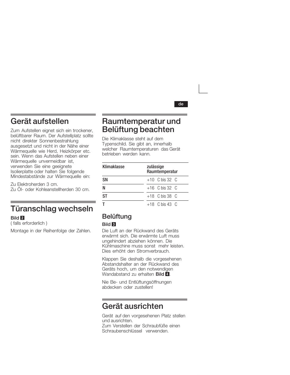 Gerät aufstellen, Türanschlag wechseln, Raumtemperatur und belüftung beachten | Gerät ausrichten, Belüftung | Bosch KSW38940 Cave à vin de vieillissement Premium Luxe User Manual | Page 7 / 64