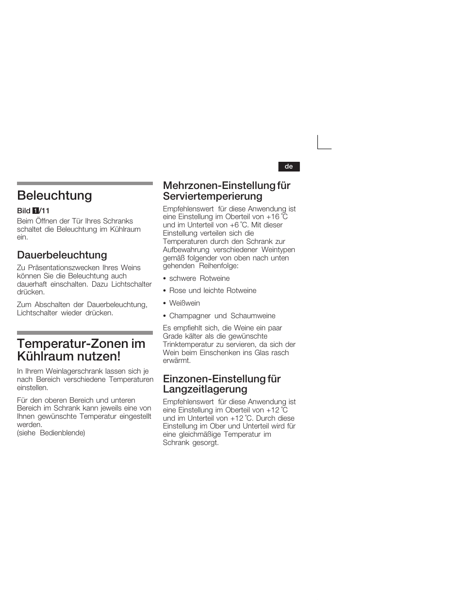 Beleuchtung, Temperaturćzonen im kühlraum nutzen, Dauerbeleuchtung | Mehrzonenćeinstellung für serviertemperierung, Einzonenćeinstellung für langzeitlagerung | Bosch KSW38940 Cave à vin de vieillissement Premium Luxe User Manual | Page 9 / 64