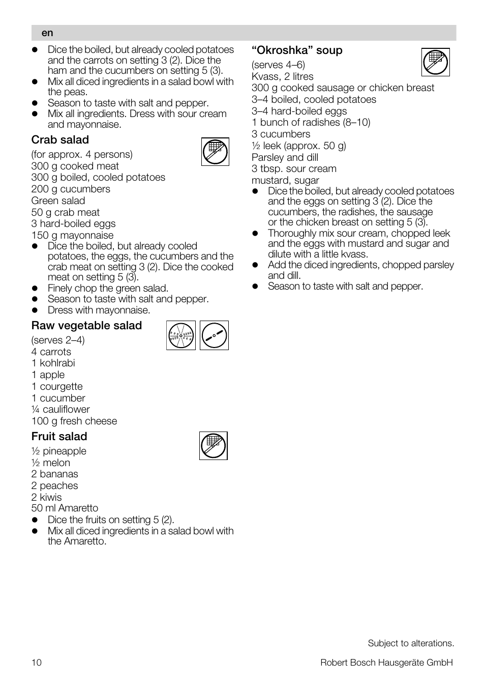 Bosch MUZ5CC1 Découpe-dés pour découper des fruits légumes fromage et viande cuite en forme de dés Pour Kitchen machine MUM5 User Manual | Page 10 / 94