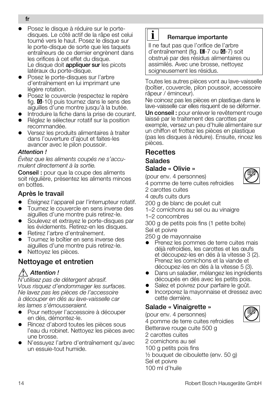 Nettoyage et entretien, Recettes | Bosch MUZ5CC1 Découpe-dés pour découper des fruits légumes fromage et viande cuite en forme de dés Pour Kitchen machine MUM5 User Manual | Page 14 / 94