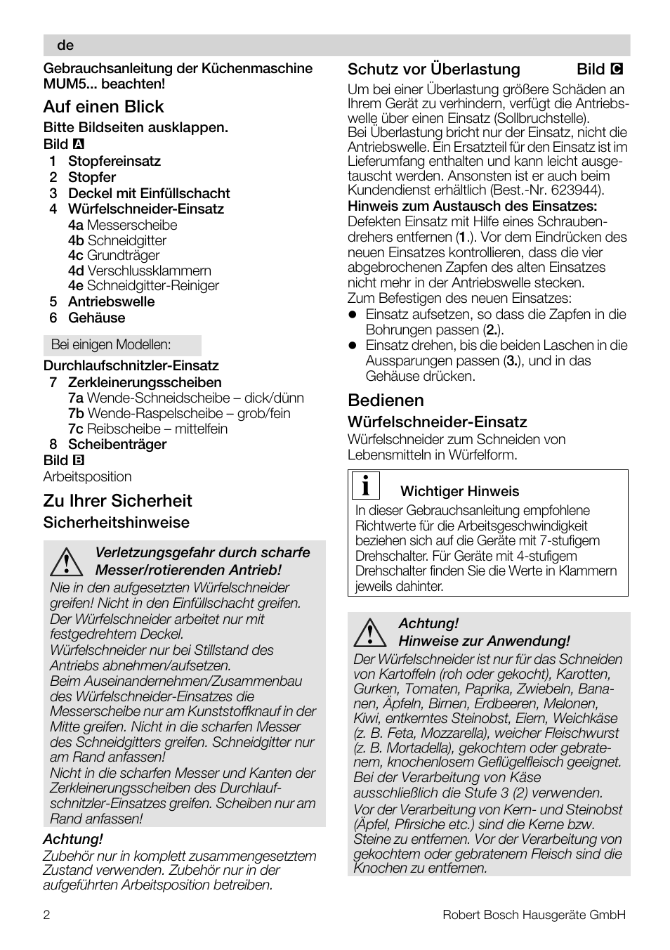 Auf einen blick, Zu ihrer sicherheit, Bedienen | Bosch MUZ5CC1 Découpe-dés pour découper des fruits légumes fromage et viande cuite en forme de dés Pour Kitchen machine MUM5 User Manual | Page 2 / 94