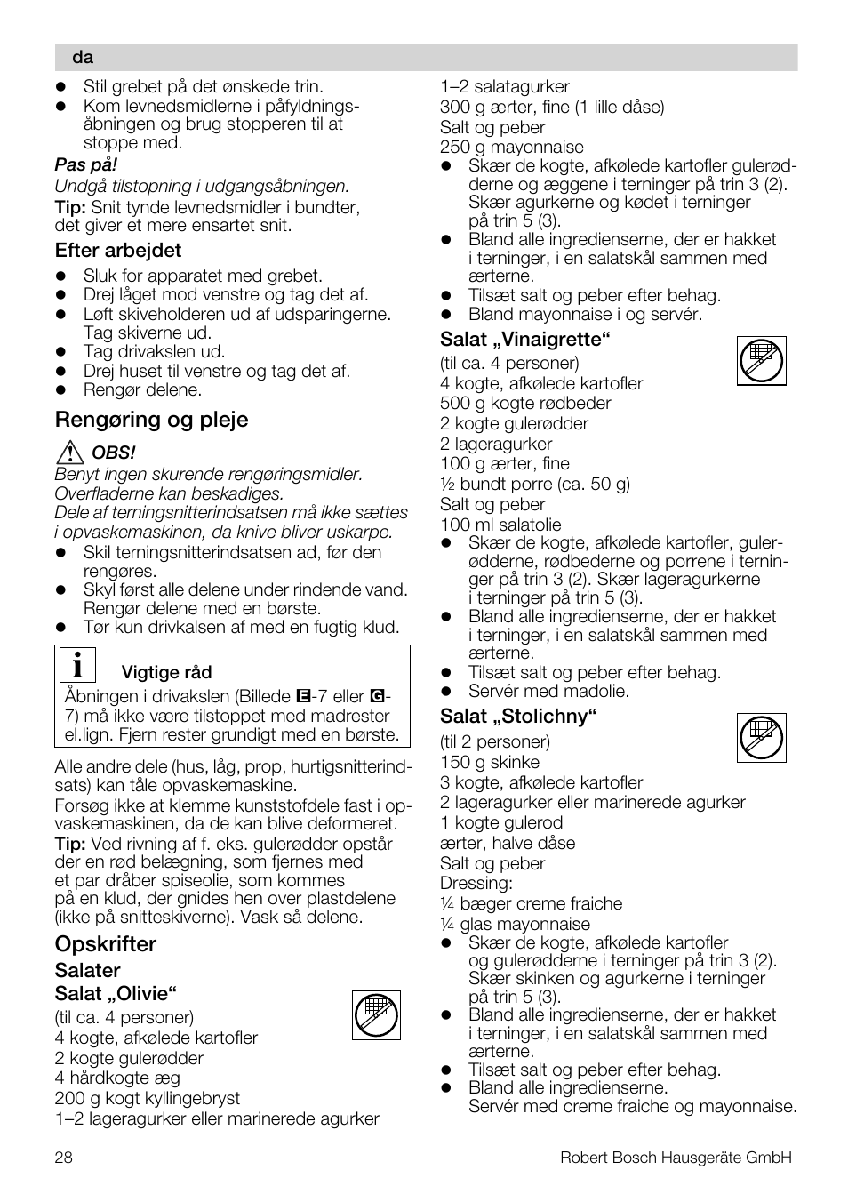 Rengøring og pleje, Opskrifter | Bosch MUZ5CC1 Découpe-dés pour découper des fruits légumes fromage et viande cuite en forme de dés Pour Kitchen machine MUM5 User Manual | Page 28 / 94