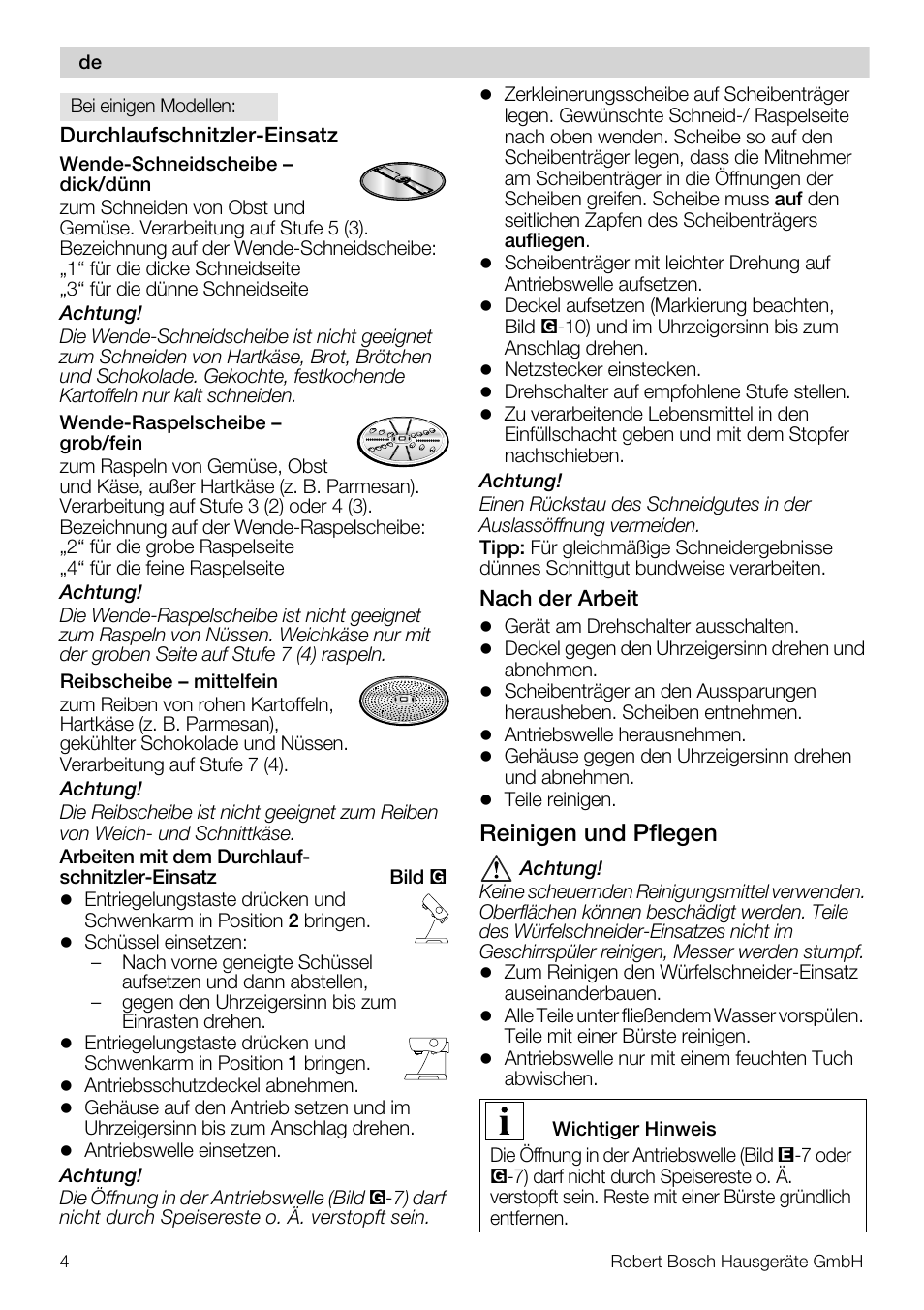 Reinigen und pflegen | Bosch MUZ5CC1 Découpe-dés pour découper des fruits légumes fromage et viande cuite en forme de dés Pour Kitchen machine MUM5 User Manual | Page 4 / 94