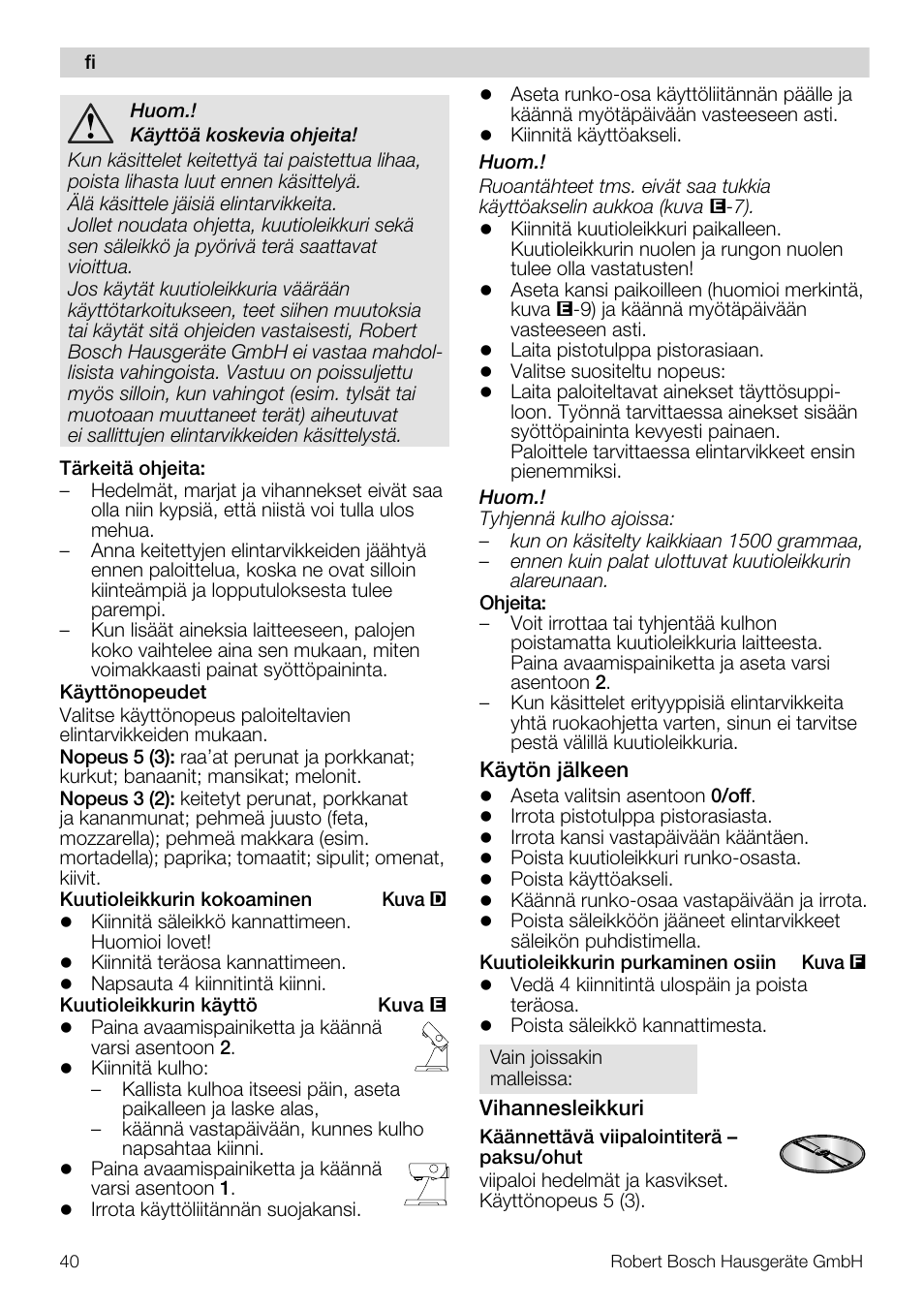 Bosch MUZ5CC1 Découpe-dés pour découper des fruits légumes fromage et viande cuite en forme de dés Pour Kitchen machine MUM5 User Manual | Page 40 / 94