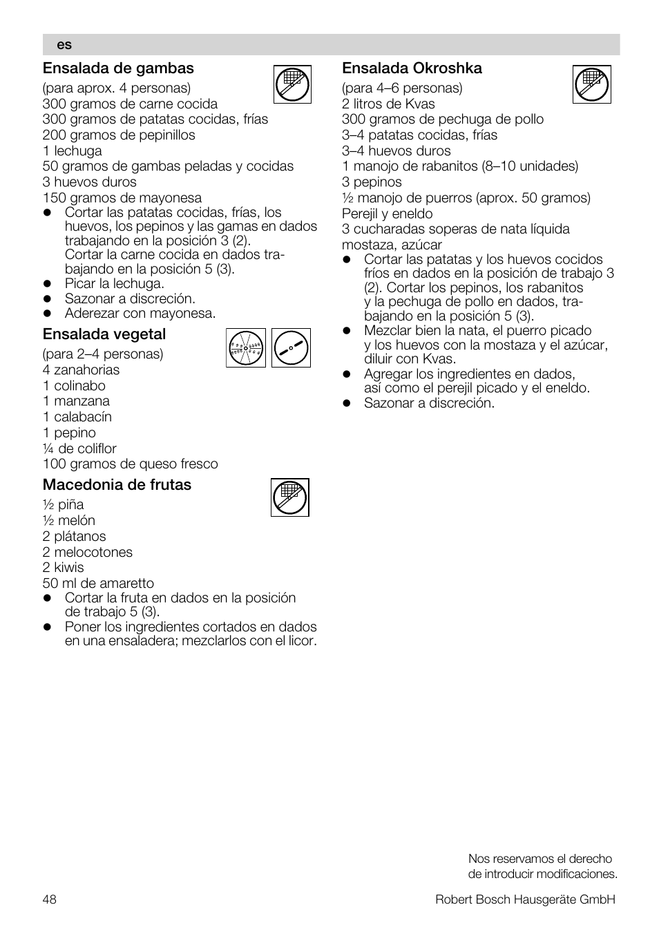 Bosch MUZ5CC1 Découpe-dés pour découper des fruits légumes fromage et viande cuite en forme de dés Pour Kitchen machine MUM5 User Manual | Page 48 / 94