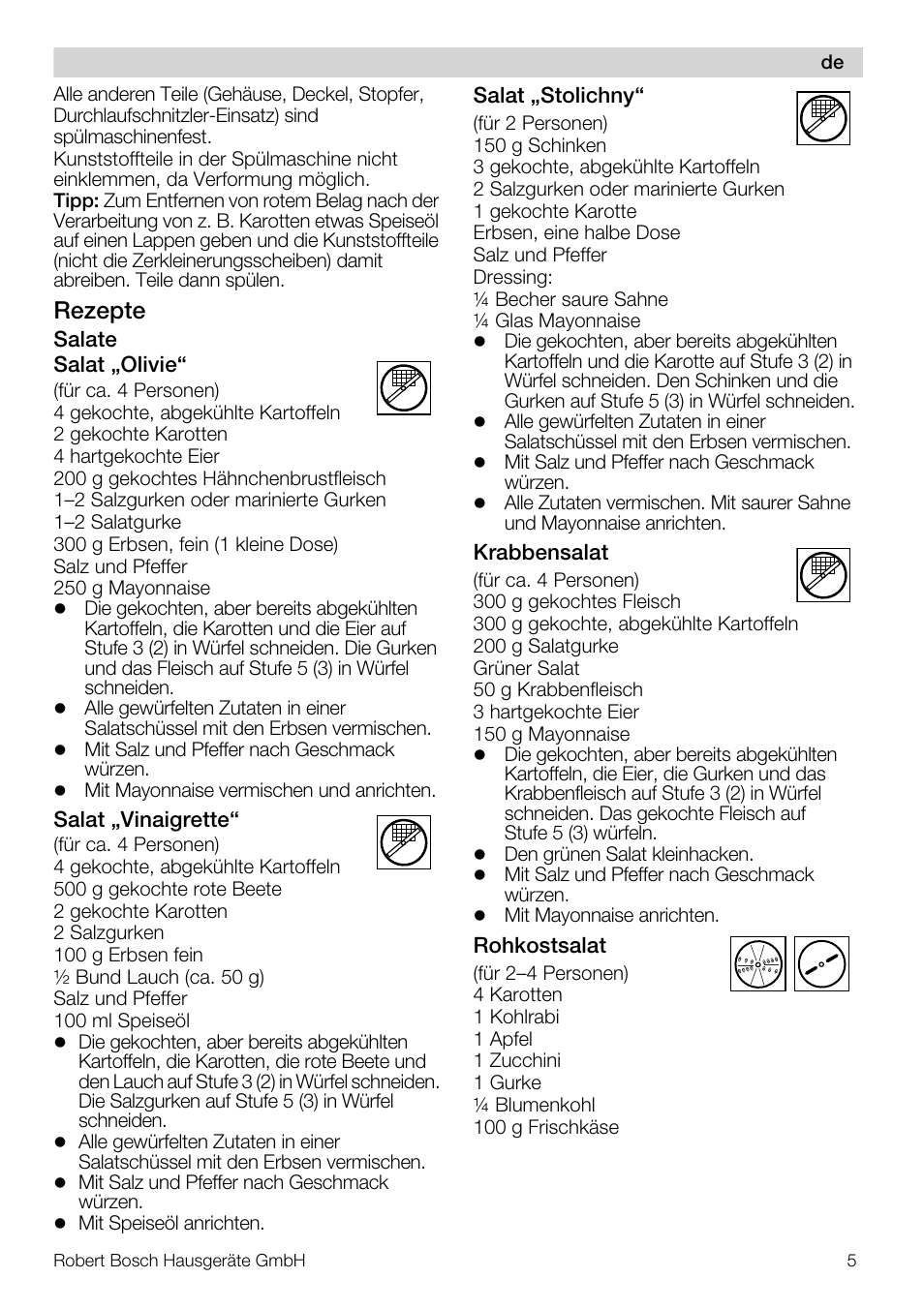 Rezepte | Bosch MUZ5CC1 Découpe-dés pour découper des fruits légumes fromage et viande cuite en forme de dés Pour Kitchen machine MUM5 User Manual | Page 5 / 94