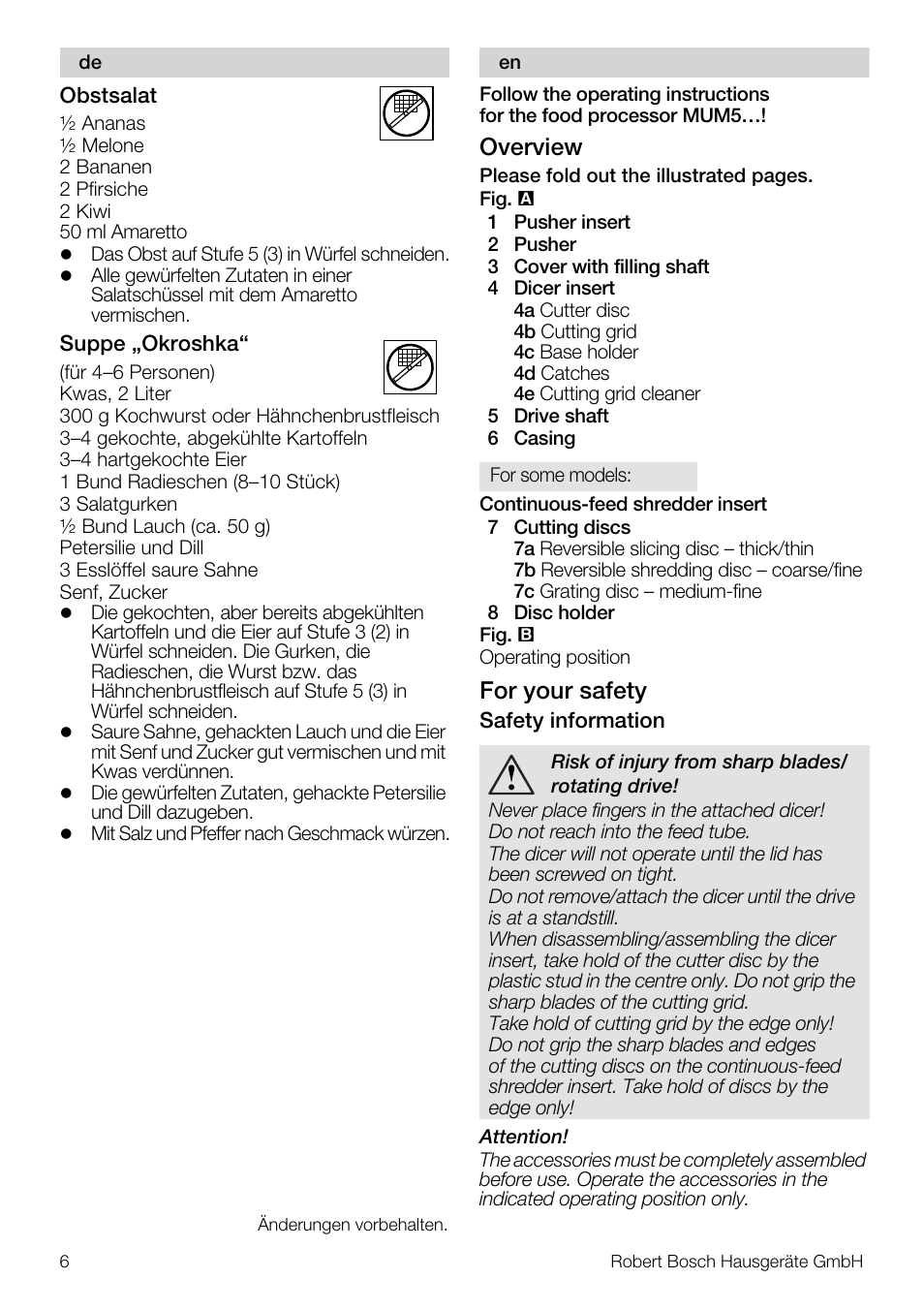 Overview, For your safety | Bosch MUZ5CC1 Découpe-dés pour découper des fruits légumes fromage et viande cuite en forme de dés Pour Kitchen machine MUM5 User Manual | Page 6 / 94