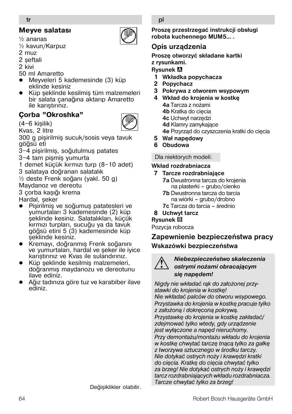 Opis urz¹dzenia, Zapewnienie bezpieczeñstwa pracy | Bosch MUZ5CC1 Découpe-dés pour découper des fruits légumes fromage et viande cuite en forme de dés Pour Kitchen machine MUM5 User Manual | Page 64 / 94