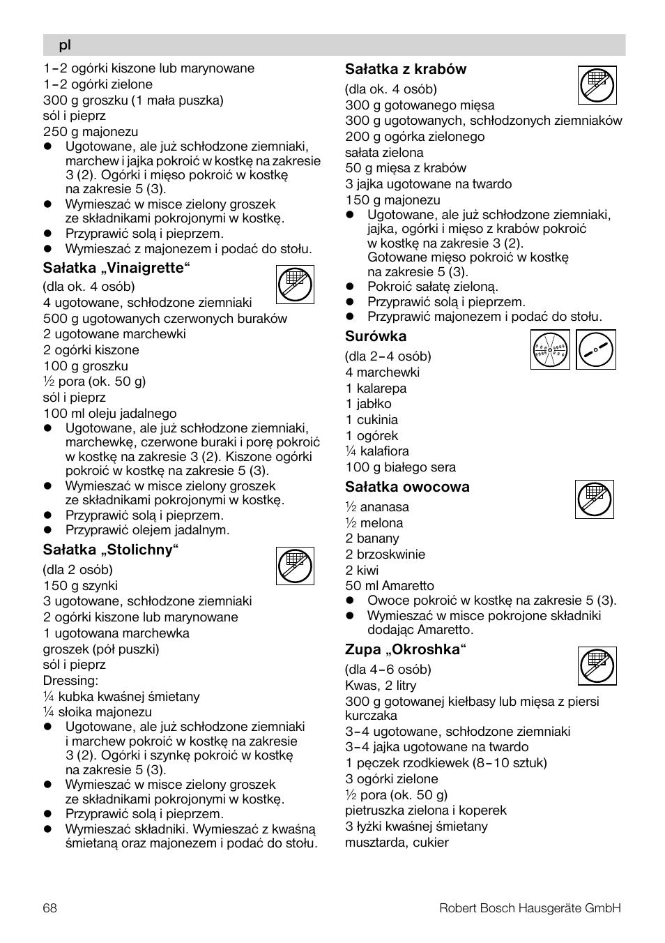 Bosch MUZ5CC1 Découpe-dés pour découper des fruits légumes fromage et viande cuite en forme de dés Pour Kitchen machine MUM5 User Manual | Page 68 / 94