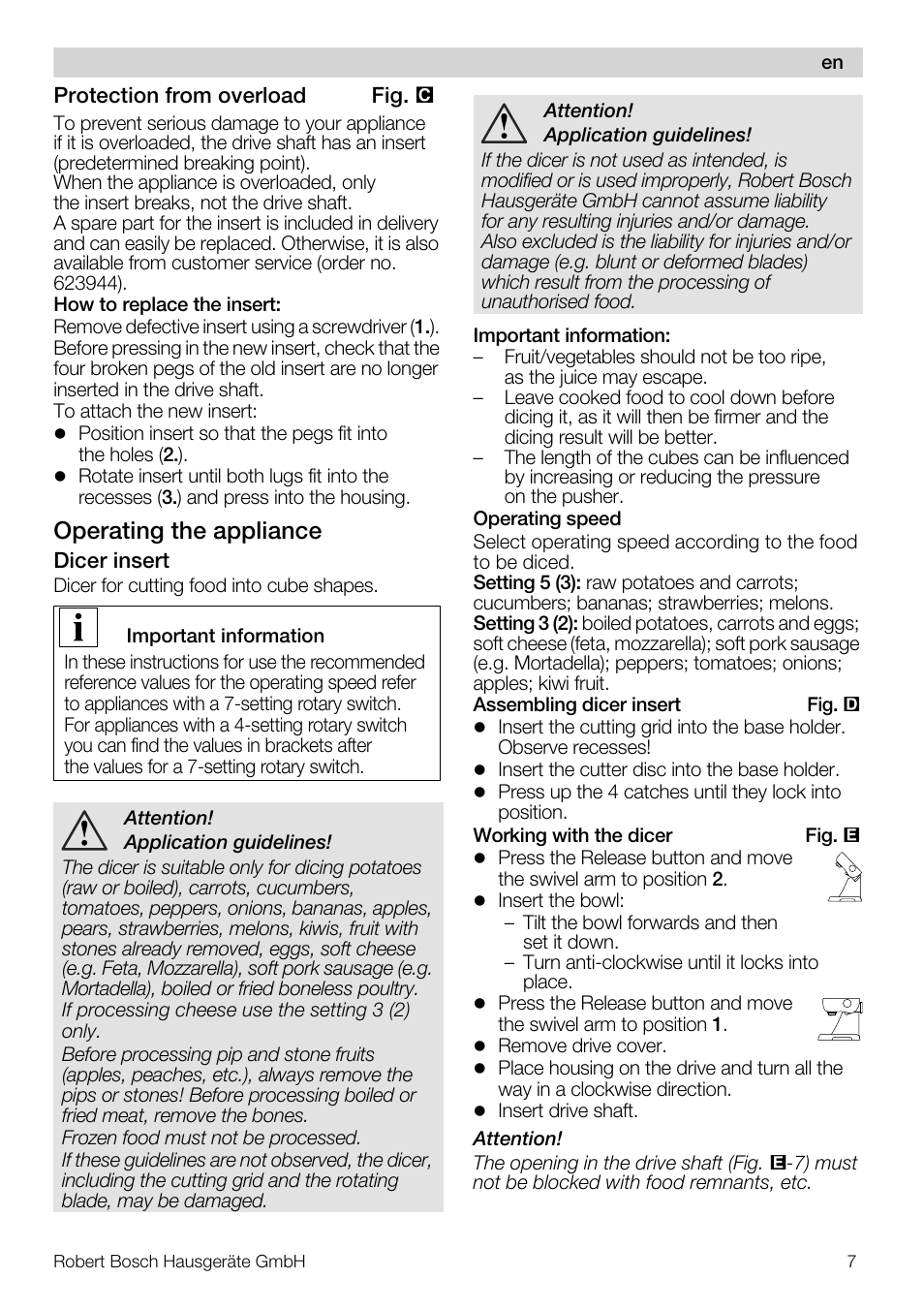 Operating the appliance | Bosch MUZ5CC1 Découpe-dés pour découper des fruits légumes fromage et viande cuite en forme de dés Pour Kitchen machine MUM5 User Manual | Page 7 / 94