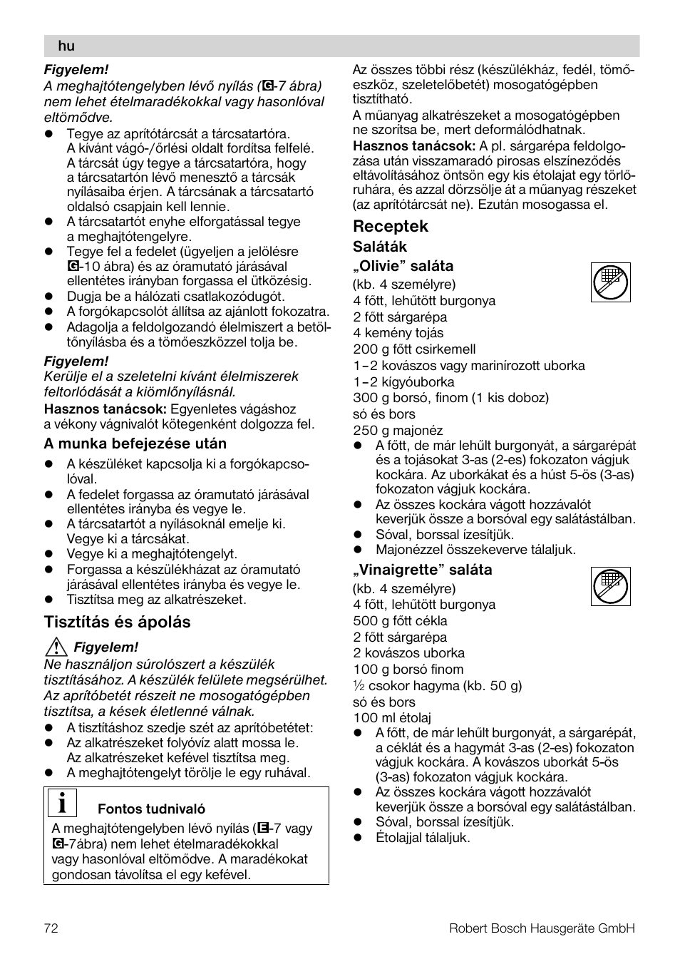 Tisztítás és ápolás, Receptek | Bosch MUZ5CC1 Découpe-dés pour découper des fruits légumes fromage et viande cuite en forme de dés Pour Kitchen machine MUM5 User Manual | Page 72 / 94