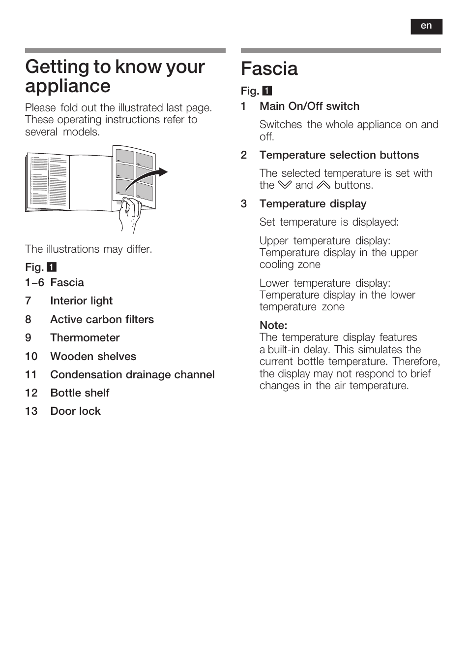 Getting to know your appliance, Fascia | Bosch KSW38940 Cave à vin de vieillissement Premium Luxe User Manual | Page 19 / 75