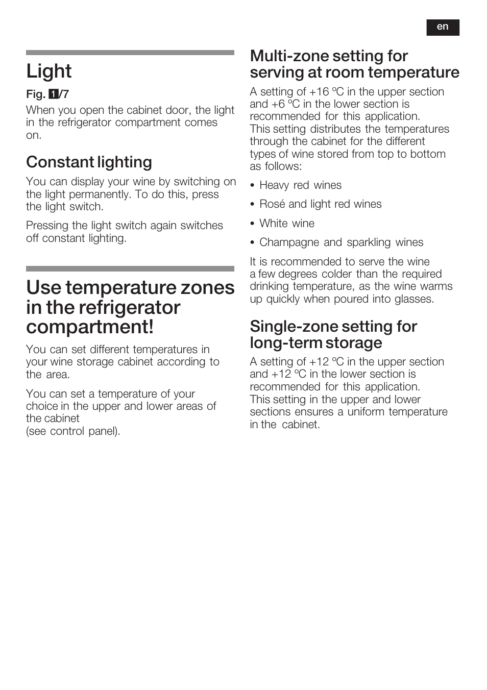 Light, Constant lighting, Multićzone setting for serving at room temperature | Singlećzone setting for longćterm storage | Bosch KSW38940 Cave à vin de vieillissement Premium Luxe User Manual | Page 23 / 75