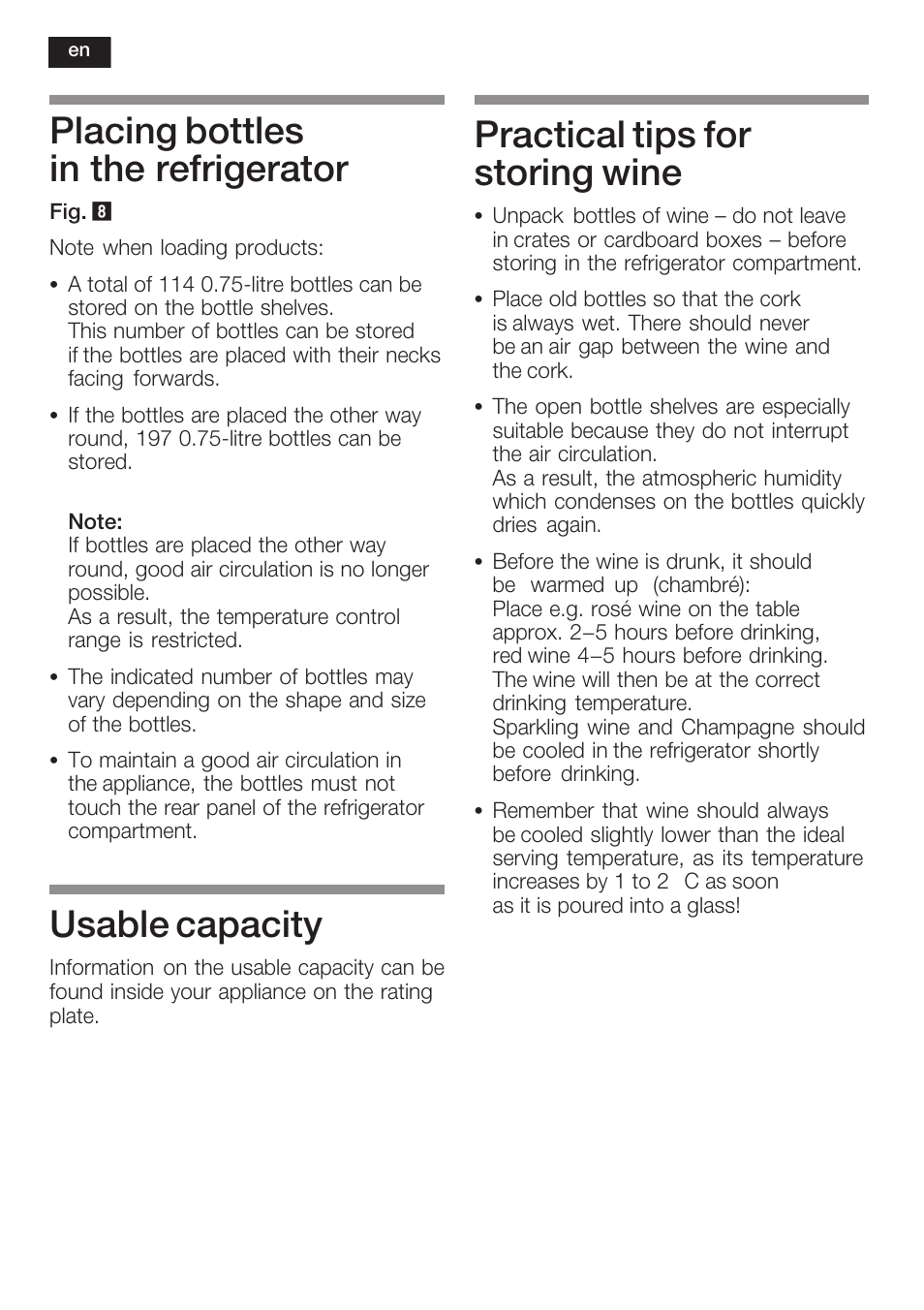 Placing bottles in the refrigerator, Usable capacity, Practical tips for storing wine | Bosch KSW38940 Cave à vin de vieillissement Premium Luxe User Manual | Page 24 / 75