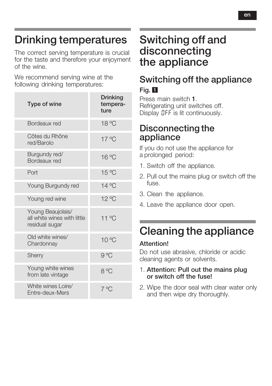 Drinking temperatures, Switching off and disconnecting the appliance, Cleaning the appliance | Switching off the appliance, Disconnecting the appliance | Bosch KSW38940 Cave à vin de vieillissement Premium Luxe User Manual | Page 25 / 75