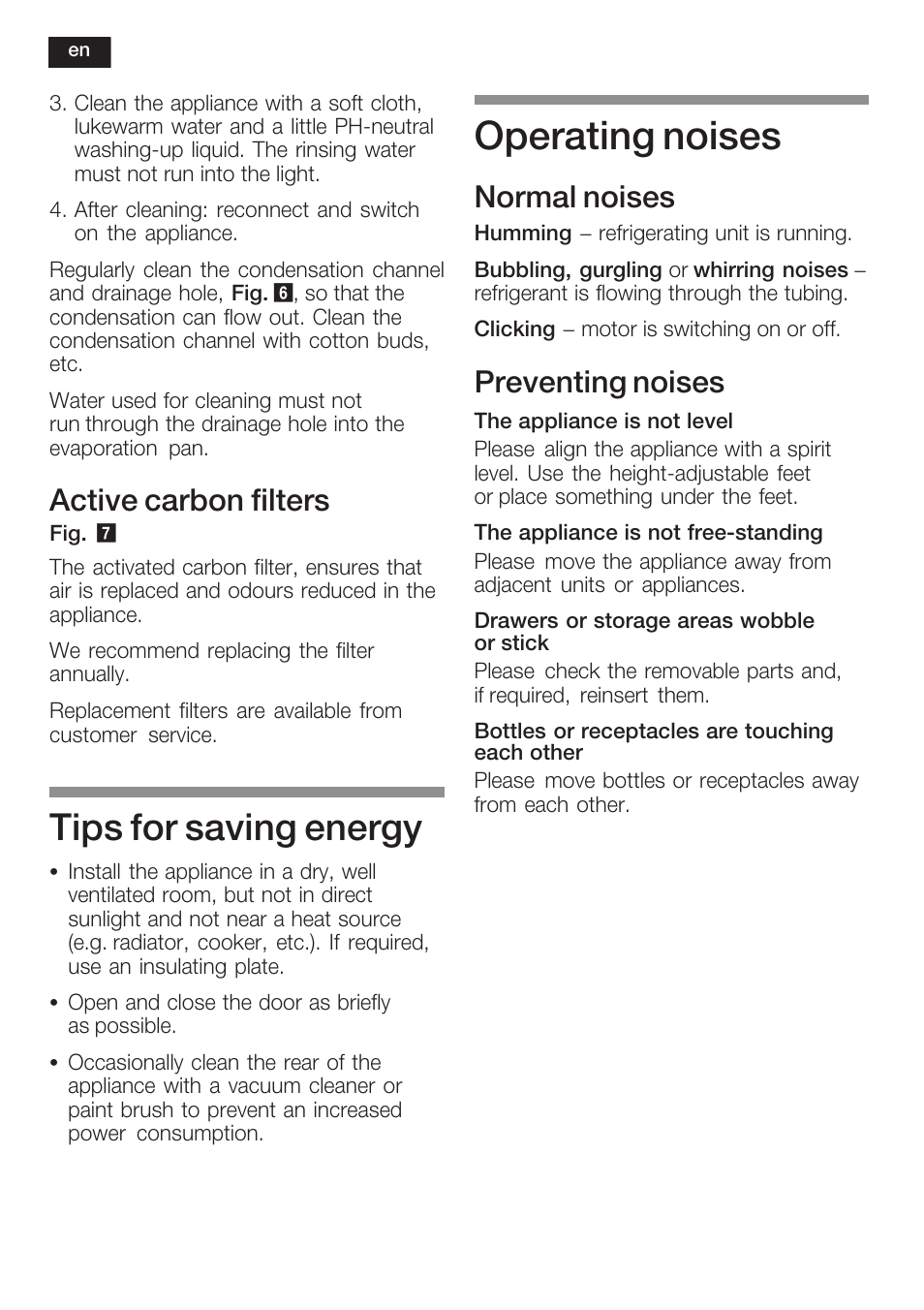 Operating noises, Tips for saving energy, Active carbon filters | Normal noises, Preventing noises | Bosch KSW38940 Cave à vin de vieillissement Premium Luxe User Manual | Page 26 / 75