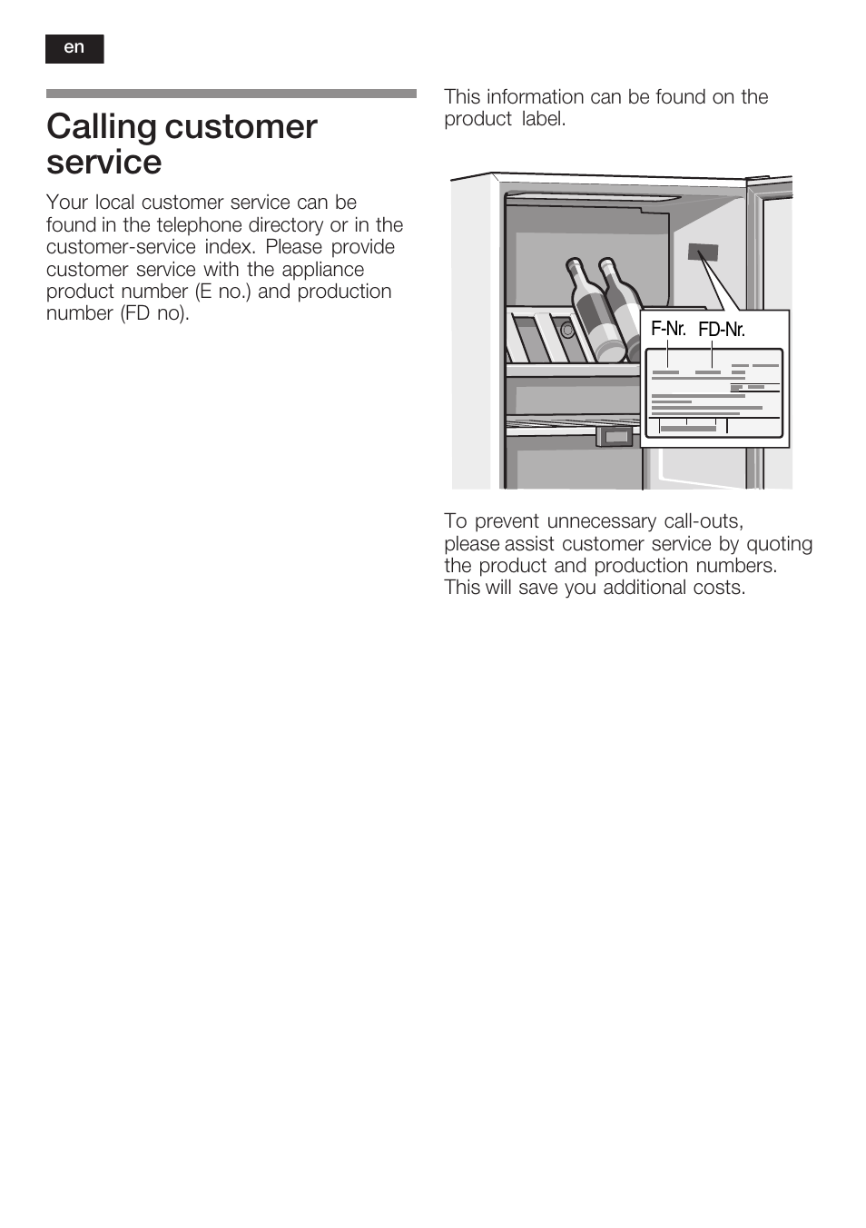 Calling customer service | Bosch KSW38940 Cave à vin de vieillissement Premium Luxe User Manual | Page 28 / 75