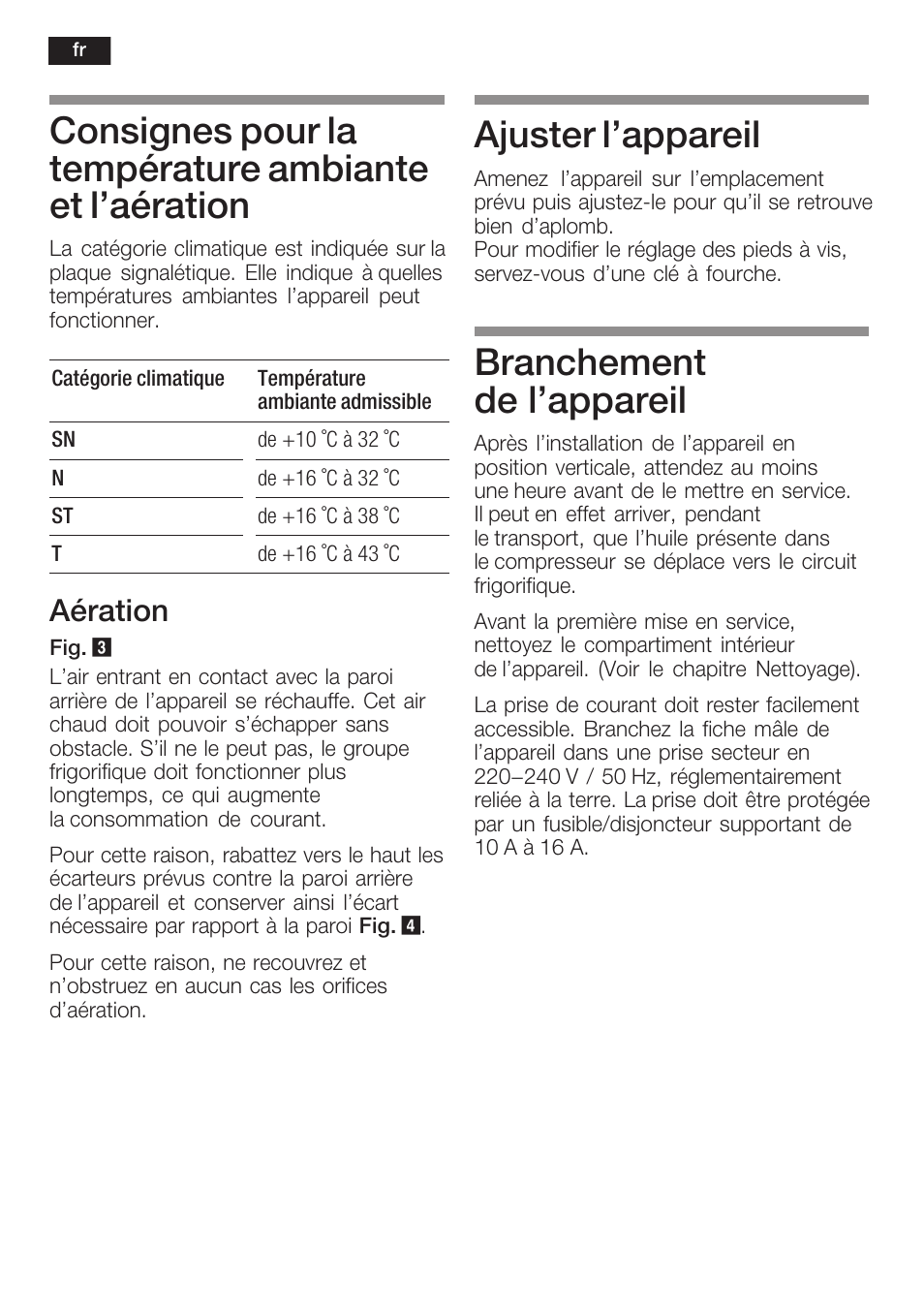 Ajuster l'appareil, Branchement de l'appareil, Aération | Bosch KSW38940 Cave à vin de vieillissement Premium Luxe User Manual | Page 34 / 75