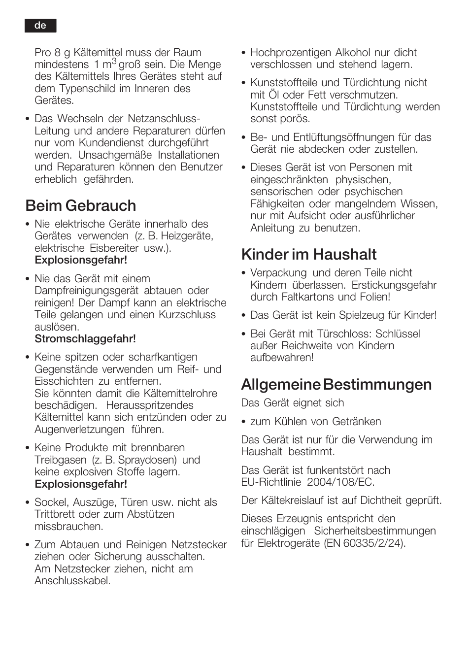 Beim gebrauch, Kinder im haushalt, Allgemeine bestimmungen | Bosch KSW38940 Cave à vin de vieillissement Premium Luxe User Manual | Page 6 / 75