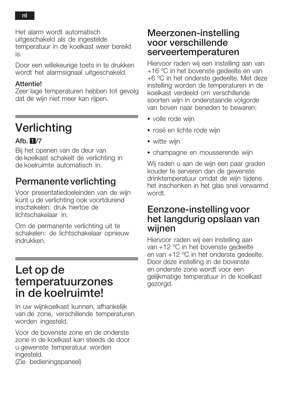 Verlichting, Let op de temperatuurzones in de koelruimte, Permanente verlichting | Bosch KSW38940 Cave à vin de vieillissement Premium Luxe User Manual | Page 64 / 75