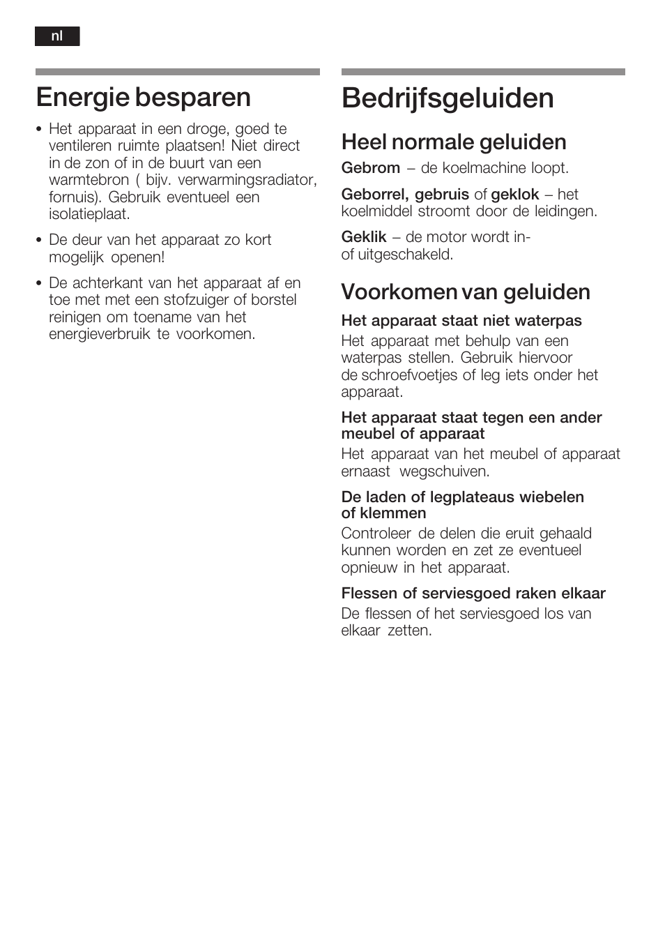 Bedrijfsgeluiden, Energie besparen, Heel normale geluiden | Voorkomen van geluiden | Bosch KSW38940 Cave à vin de vieillissement Premium Luxe User Manual | Page 68 / 75