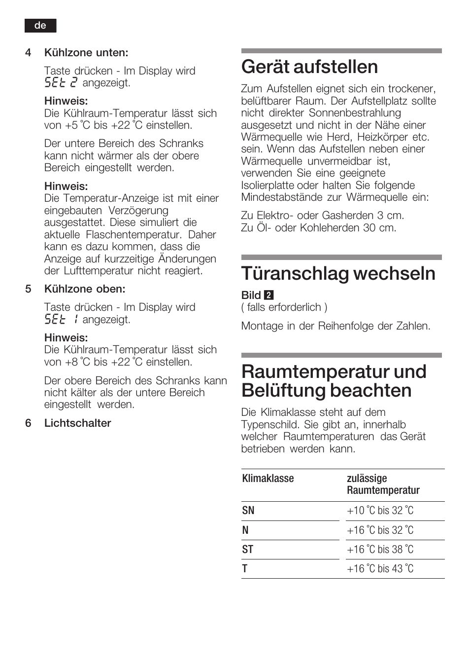 Gerät aufstellen, Türanschlag wechseln, Raumtemperatur und belüftung beachten | Bosch KSW38940 Cave à vin de vieillissement Premium Luxe User Manual | Page 8 / 75