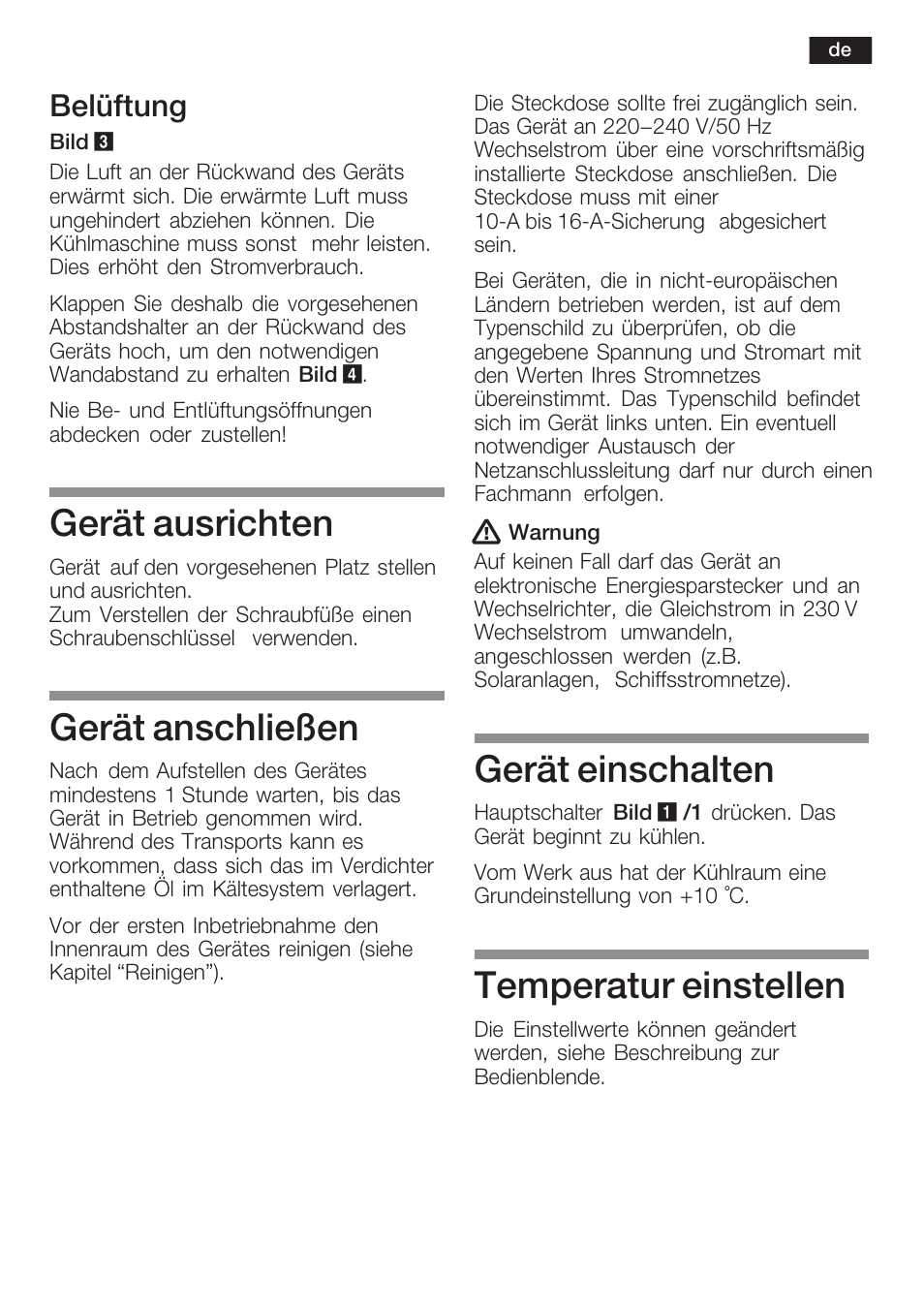 Gerät ausrichten, Gerät anschließen, Gerät einschalten | Temperatur einstellen, Belüftung | Bosch KSW38940 Cave à vin de vieillissement Premium Luxe User Manual | Page 9 / 75