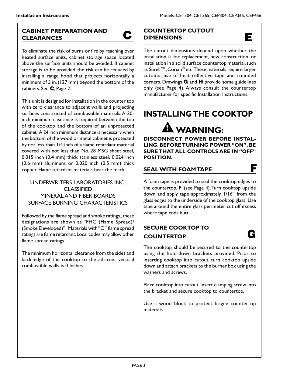 Ce g f, Installing the cooktop warning | Bosch HMT75M651 - Inox Micro-ondes User Manual | Page 4 / 8
