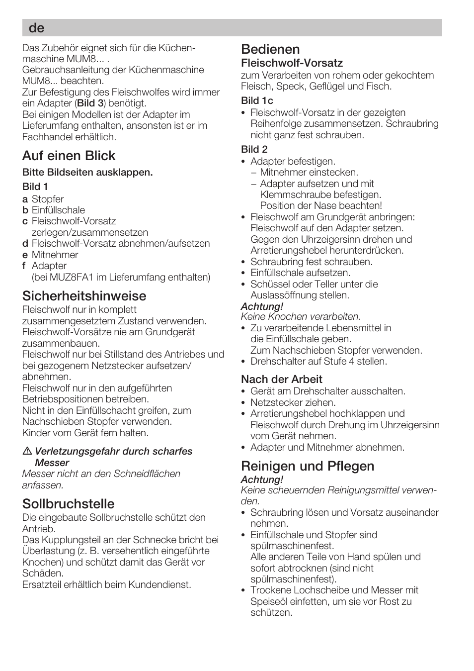 Auf einen blick, Sicherheitshinweise, Sollbruchstelle | Bedienen, Reinigen und pflegen | Bosch MUZ8FA1 Accessoires Hachoir à viande avec adaptateur pour MUM8 User Manual | Page 2 / 45