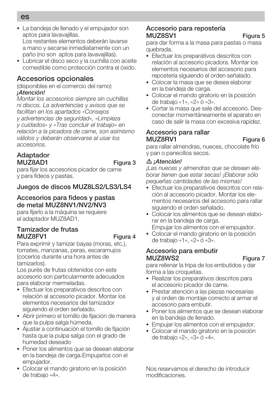 Accesorios opcionales | Bosch MUZ8FA1 Accessoires Hachoir à viande avec adaptateur pour MUM8 User Manual | Page 21 / 45