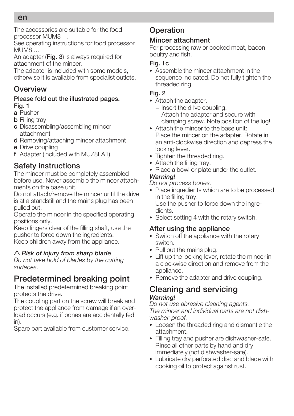 Predetermined breaking point, Cleaning and servicing, Overview | Safety instructions, Operation | Bosch MUZ8FA1 Accessoires Hachoir à viande avec adaptateur pour MUM8 User Manual | Page 4 / 45