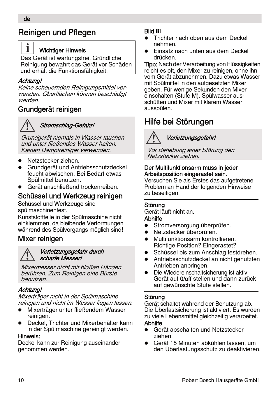 Reinigen und pflegen, Hilfe bei störungen, Grundgerät reinigen | Schüssel und werkzeug reinigen, Mixer reinigen | Bosch MUMXL10T Kitchen machine MaxxiMUM User Manual | Page 10 / 132