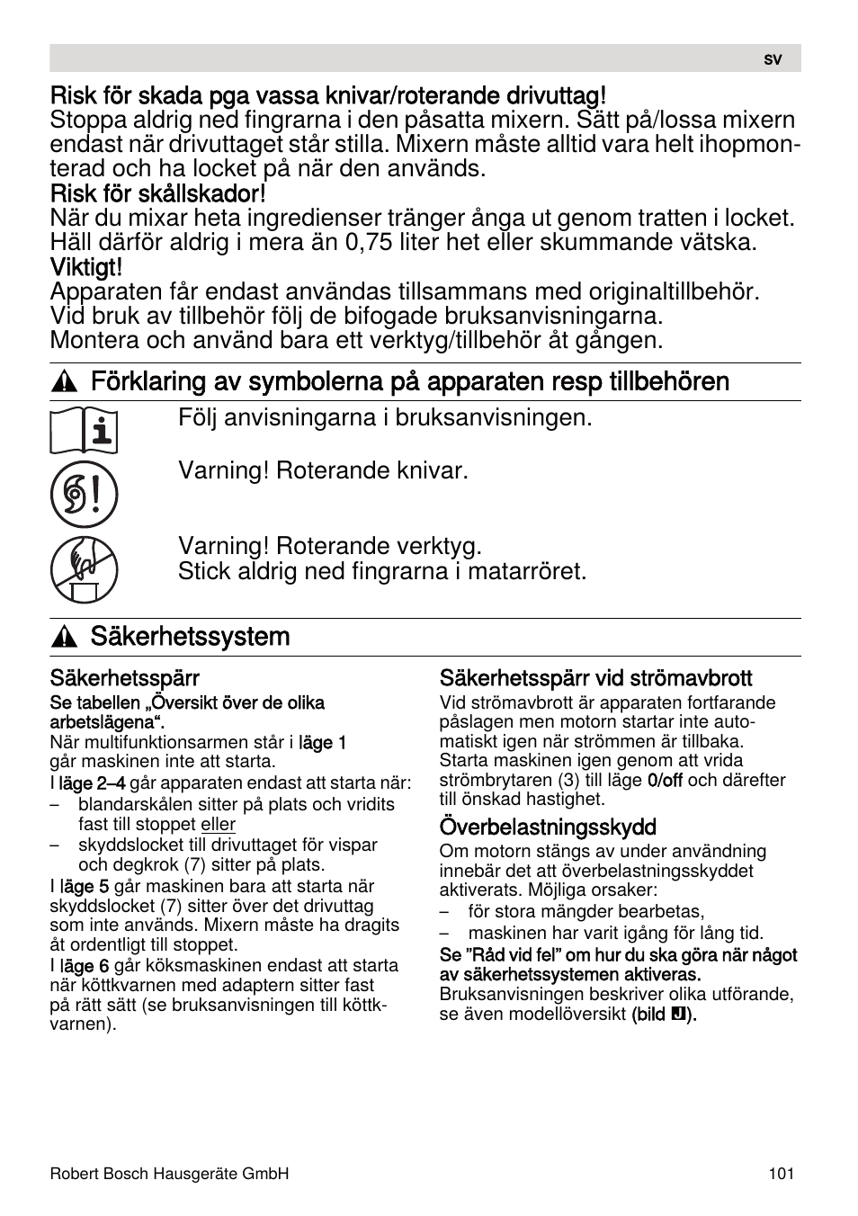 Säkerhetssystem | Bosch MUMXL10T Kitchen machine MaxxiMUM User Manual | Page 101 / 132