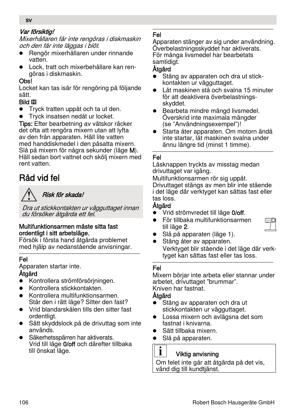 Råd vid fel | Bosch MUMXL10T Kitchen machine MaxxiMUM User Manual | Page 106 / 132