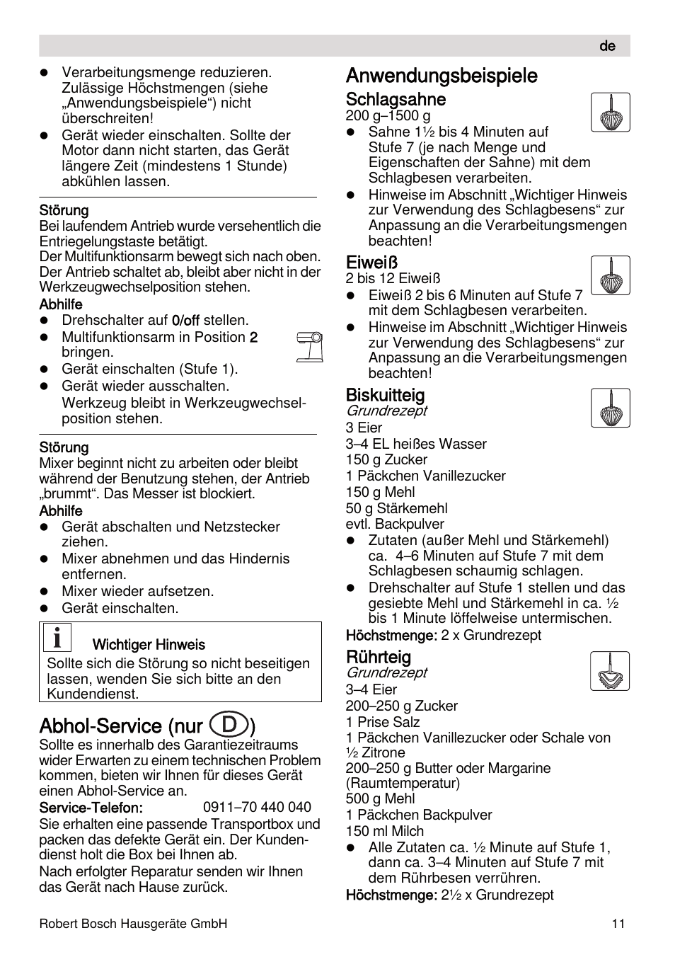 Abhol-service (nur ), Anwendungsbeispiele, Schlagsahne | Eiweiß, Biskuitteig, Rührteig | Bosch MUMXL10T Kitchen machine MaxxiMUM User Manual | Page 11 / 132