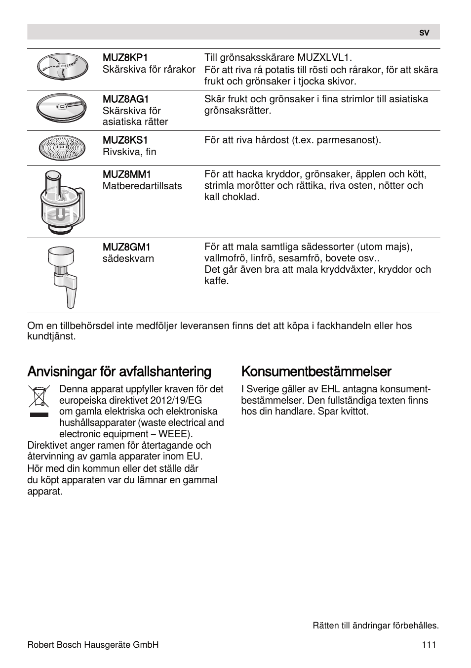 Anvisningar för avfallshantering, Konsumentbestämmelser | Bosch MUMXL10T Kitchen machine MaxxiMUM User Manual | Page 111 / 132