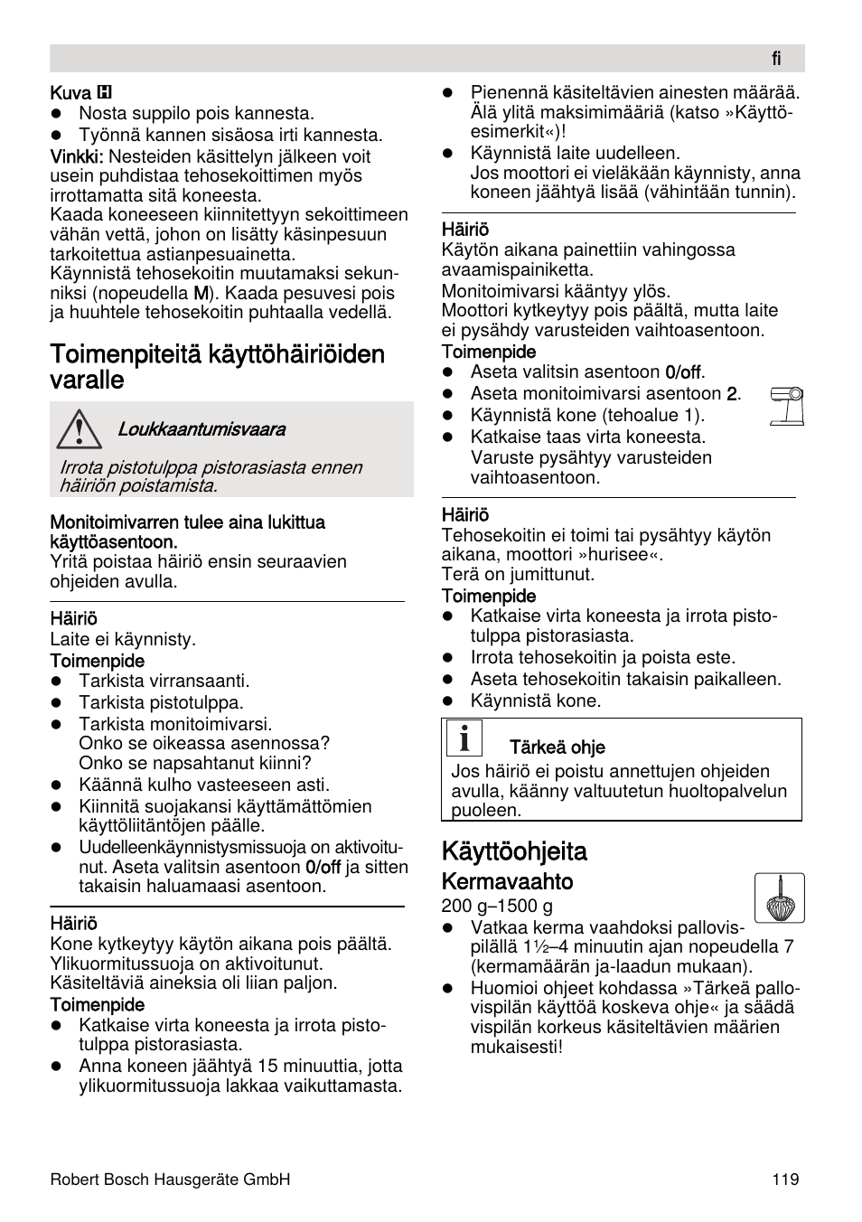 Toimenpiteitä käyttöhäiriöiden varalle, Käyttöohjeita, Kermavaahto | Bosch MUMXL10T Kitchen machine MaxxiMUM User Manual | Page 119 / 132