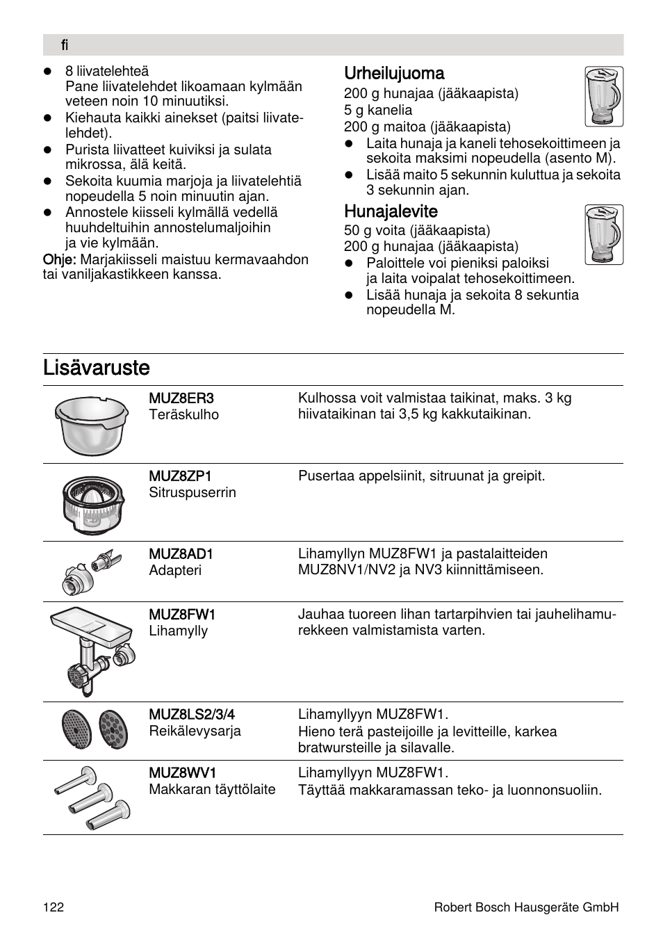 Lisävaruste, Urheilujuoma, Hunajalevite | Bosch MUMXL10T Kitchen machine MaxxiMUM User Manual | Page 122 / 132