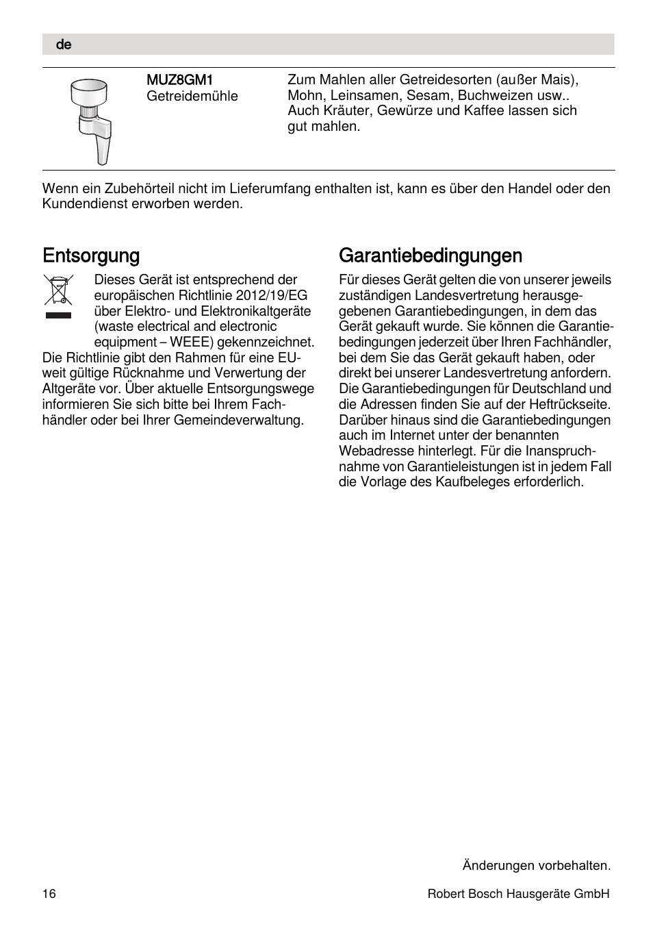 Entsorgung, Garantiebedingungen | Bosch MUMXL10T Kitchen machine MaxxiMUM User Manual | Page 16 / 132