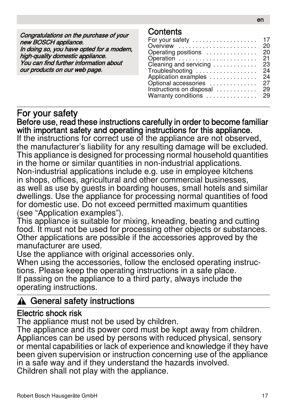 For your safety, General safety instructions | Bosch MUMXL10T Kitchen machine MaxxiMUM User Manual | Page 17 / 132