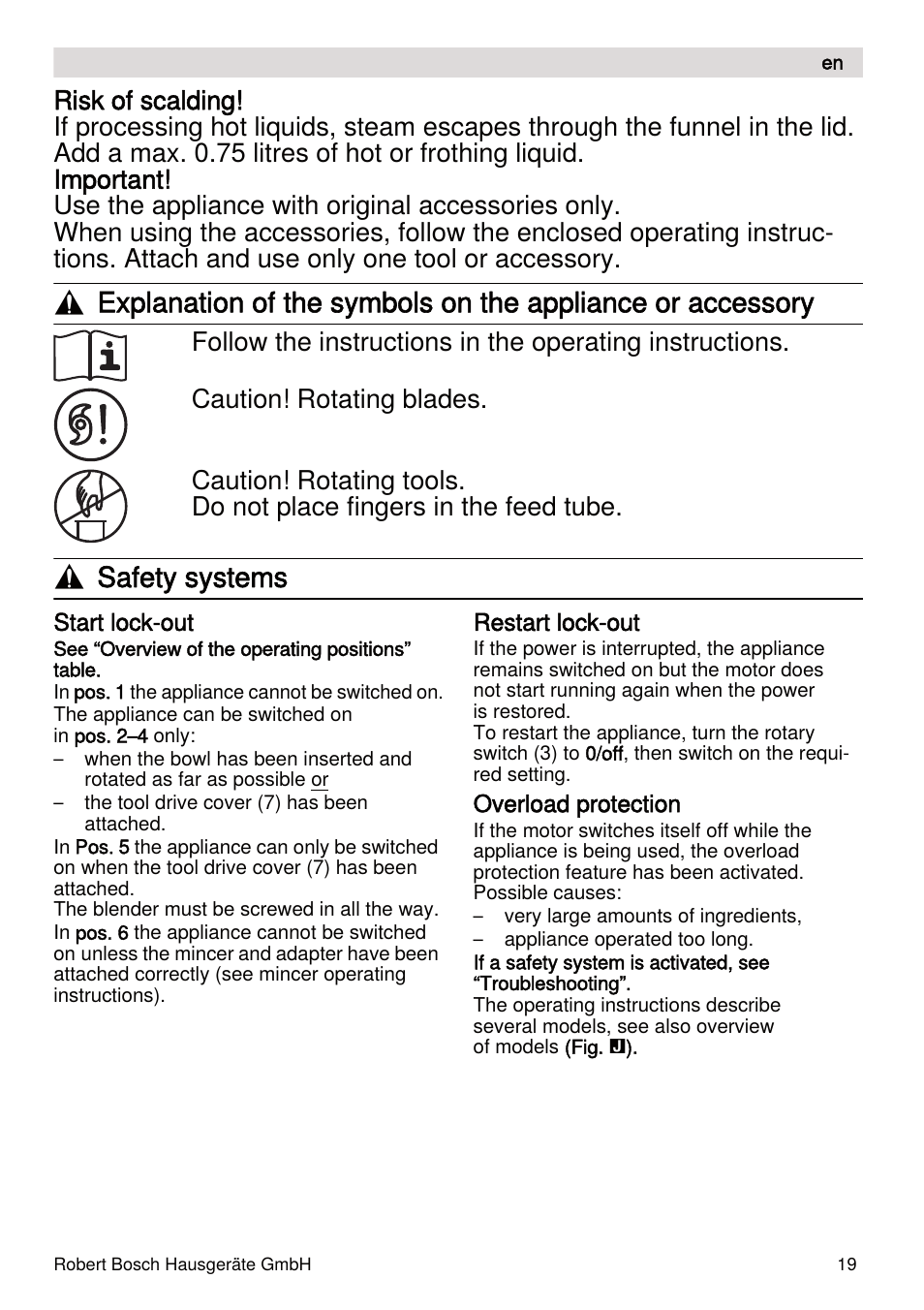 Safety systems | Bosch MUMXL10T Kitchen machine MaxxiMUM User Manual | Page 19 / 132