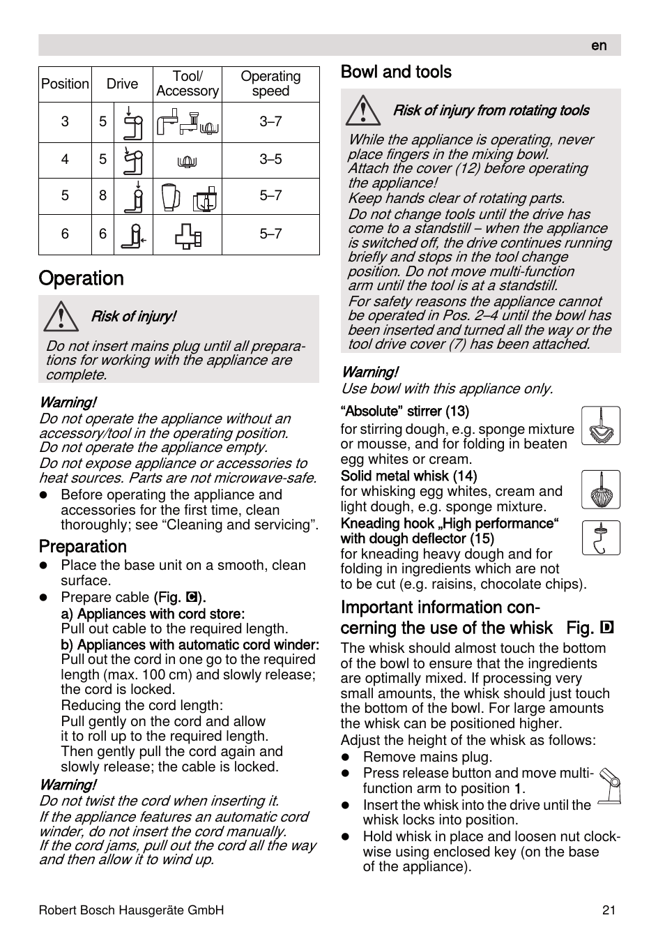 Operation, Preparation, Bowl and tools | Bosch MUMXL10T Kitchen machine MaxxiMUM User Manual | Page 21 / 132