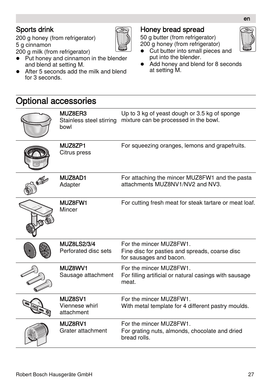 Optional accessories, Sports drink, Honey bread spread | Bosch MUMXL10T Kitchen machine MaxxiMUM User Manual | Page 27 / 132